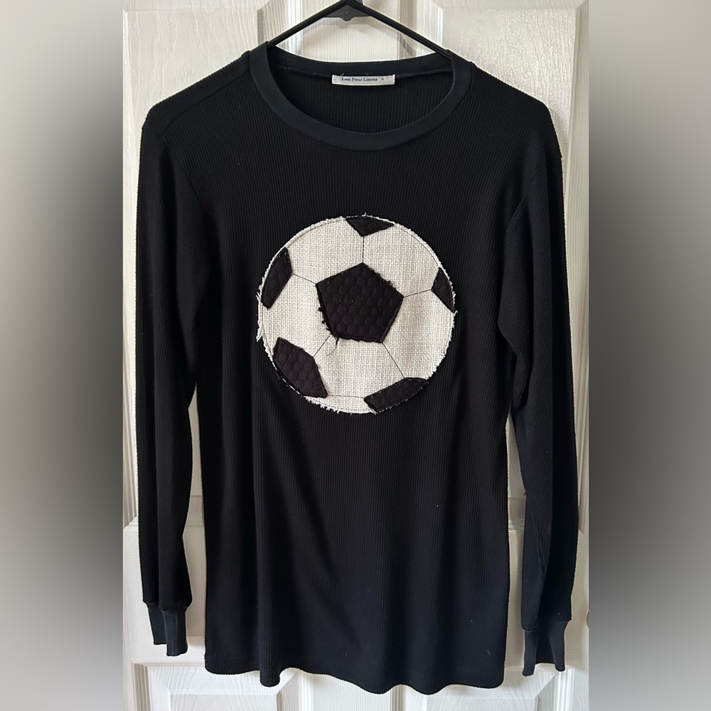 Lost Petal Linens Soccer Appliqué Longsleeve Black Shirt with Plaid Elbows Small